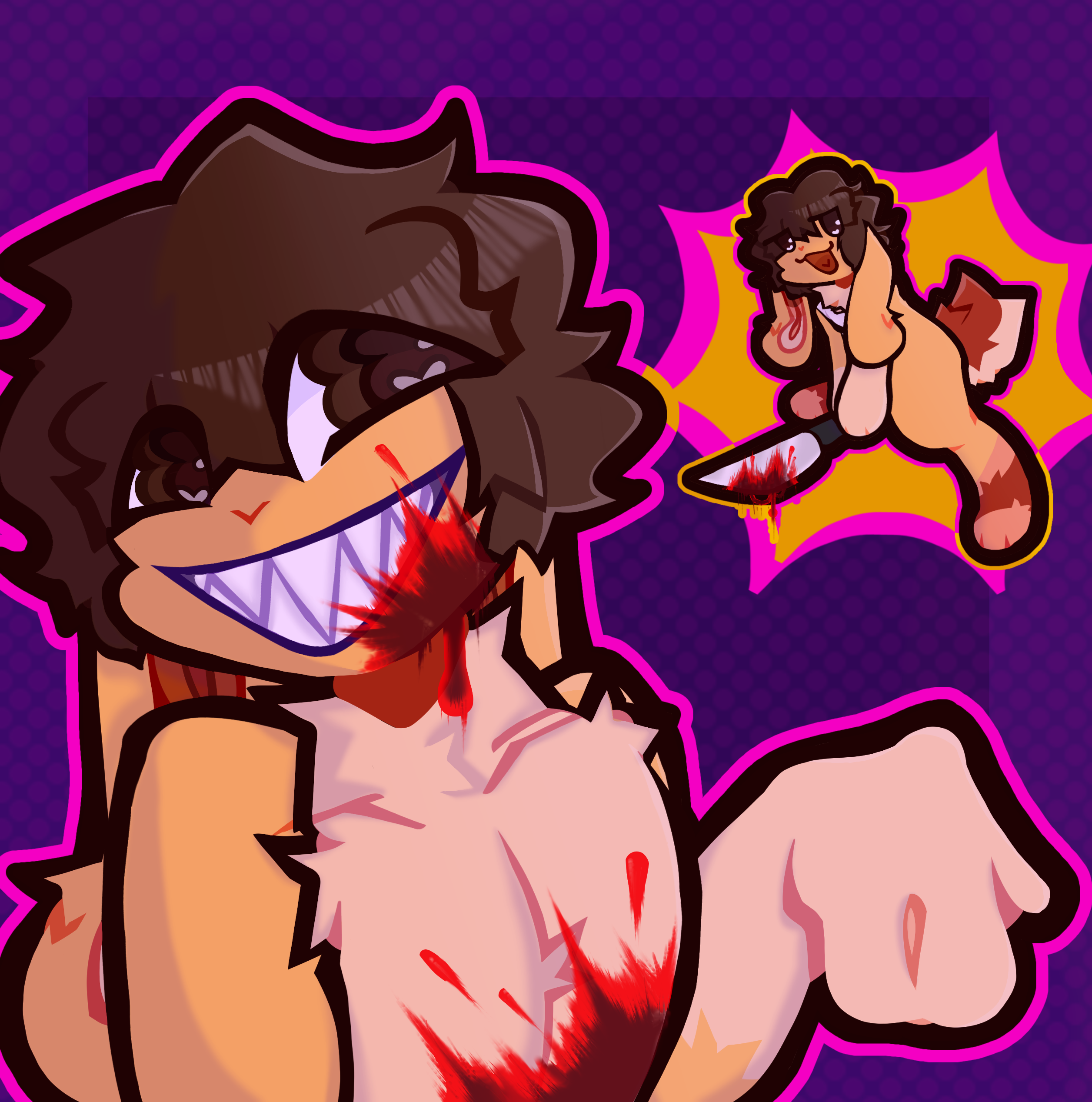 Digital drawing of a yellow anthropomorphic rabbit standing against a purple dotted background. They are covered in blood, and show off a sharp-toothed smile. Another picture of the same character is shown on the top right corner, where they present a large knife also covered in blood and stand in a more hunched pose.